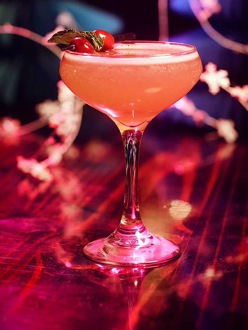 A pink holiday cocktail in a coupe glass with cranberry garnish