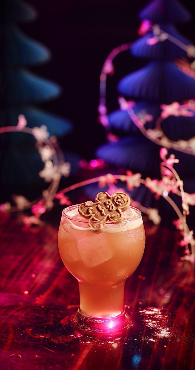 A holiday cocktail garnished with a gingerbread cookie beside illuminated Christmas trees